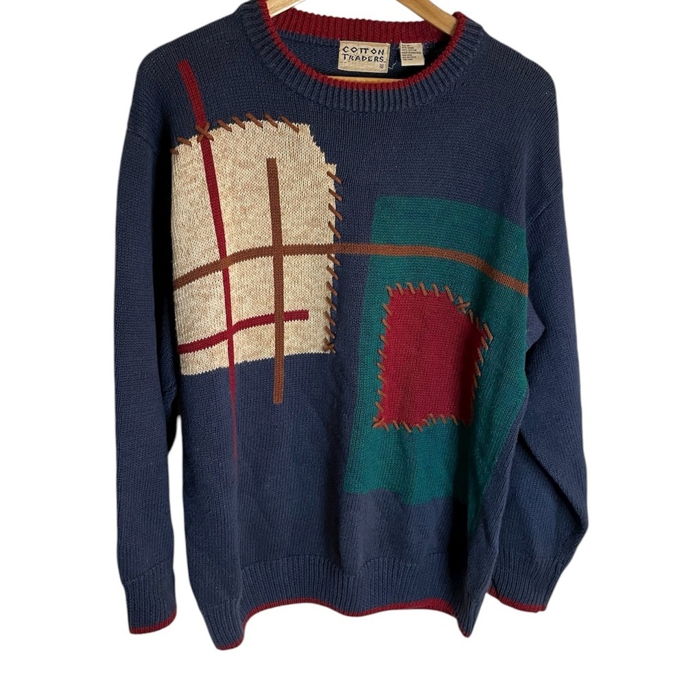 Vintage Cotton Traders  Navy Blue Sweater with Multicolor Patchwork Size Medium